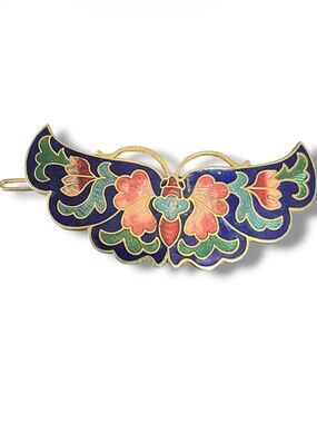 Vintage Enamel Cloisonné Butterfly Barrette Hair Clip Gold Tone